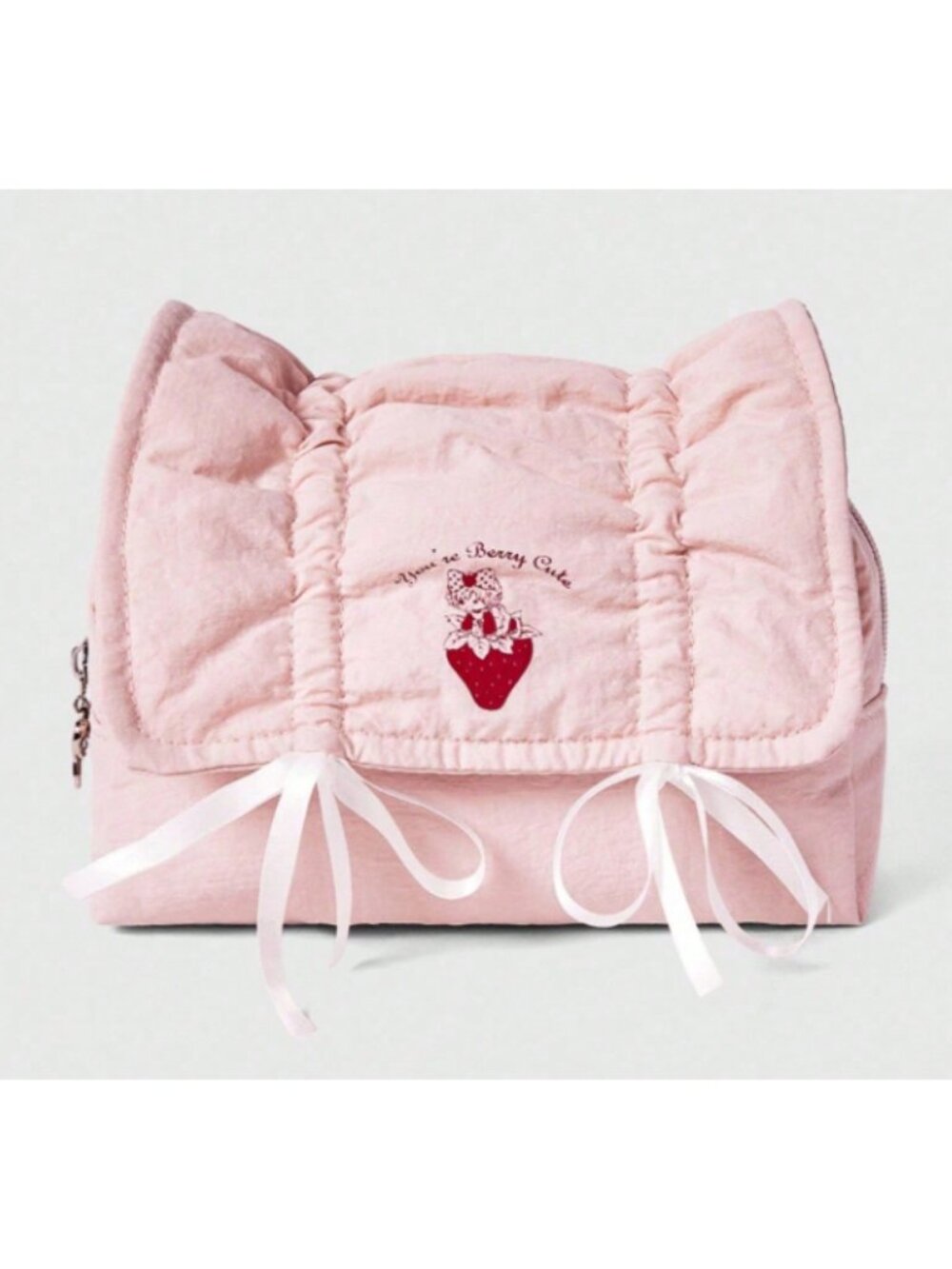 Kawaii Strawberry Girl Pink Quilted Makeup Bag Bow Cosmetic Pouch Cute Pencil